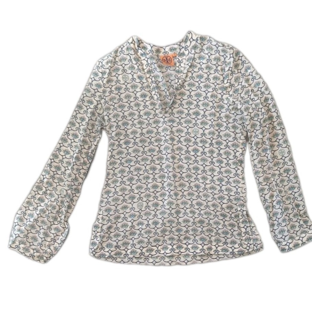 Tory Burch 10 V Neck Tunic Floral Embellished Long Sleeve Poplin‎ Blouse Sequins